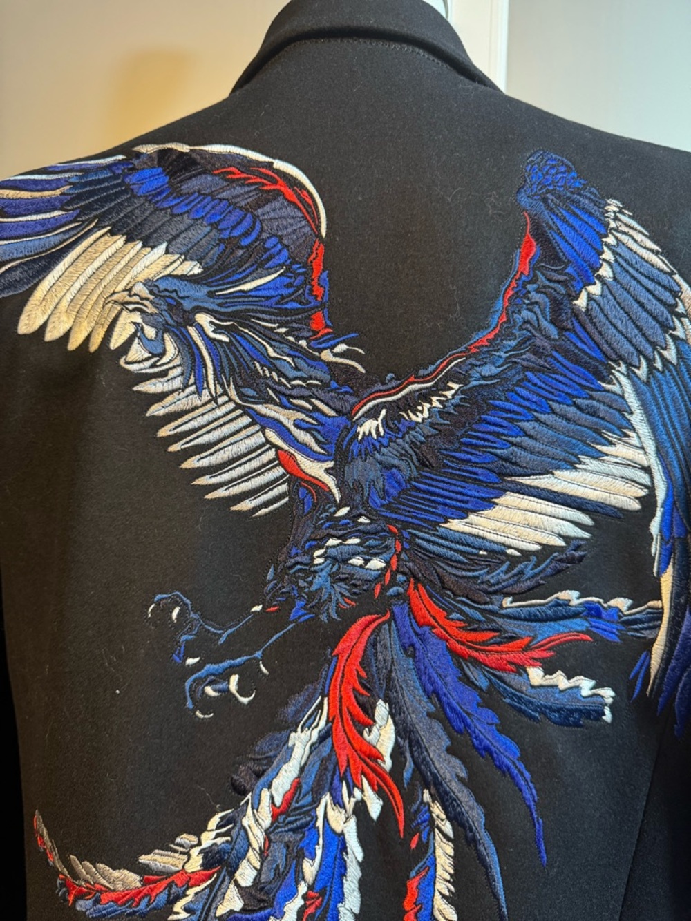 Diesel Black Jacket with Large Embroidered Eagle in Blue, Red & White.  Size L